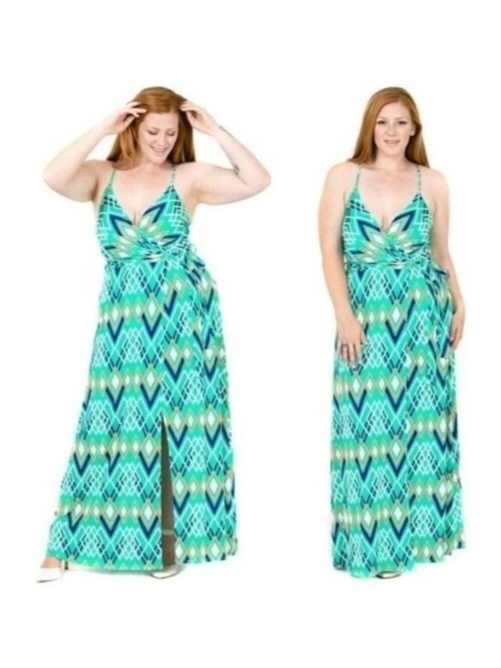 NWT Mint Chevron Plus Size 1X Women's Sleeveless Maxi Floor Faux Wrap Dress